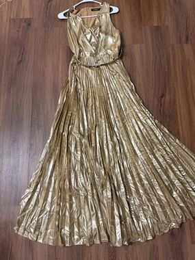 Ralph Lauren Metallic Gold Pleated Maxi Dress